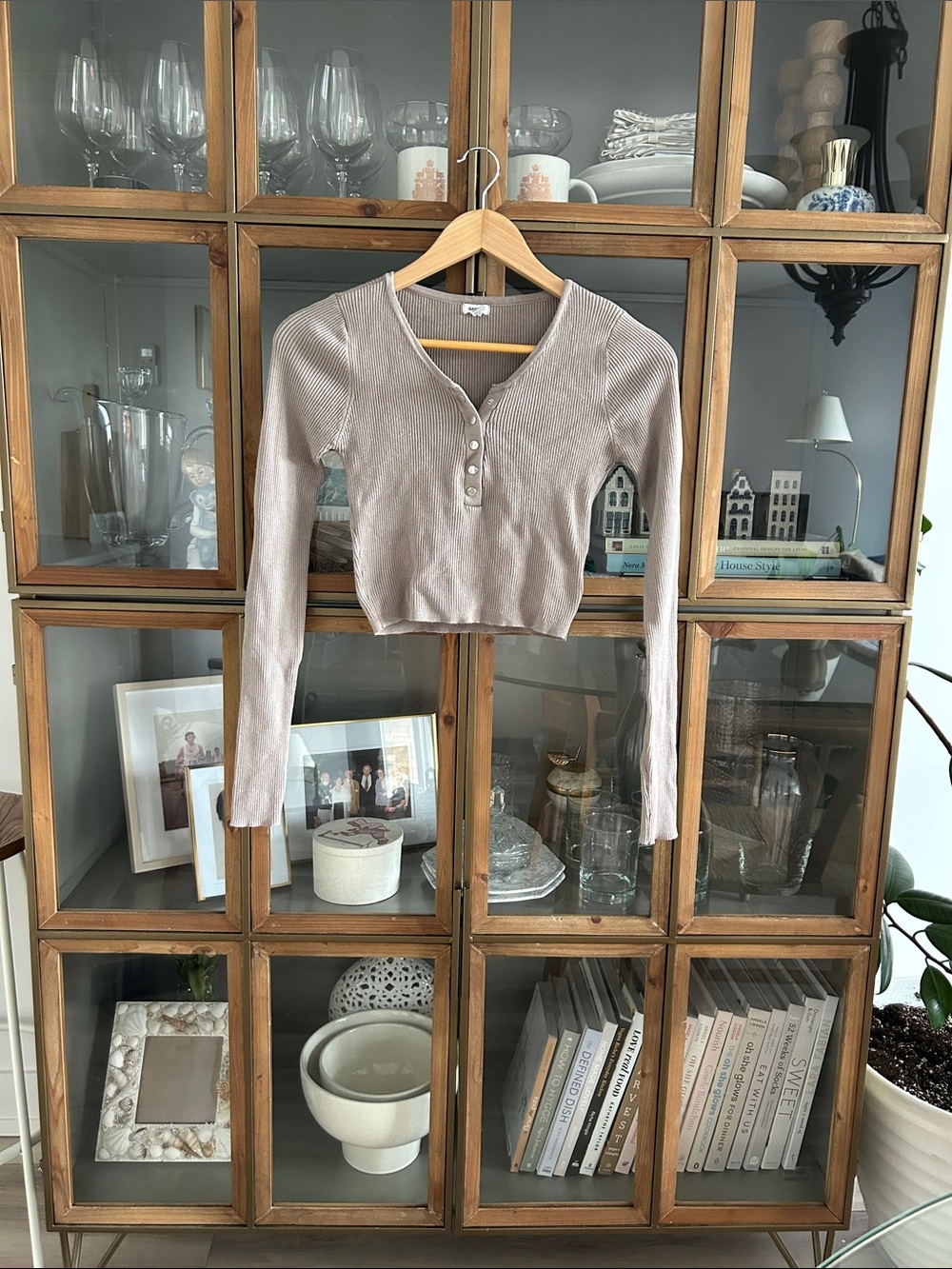 Garage Cropped Ribbed Henley Long Sleeve Top in Taupe